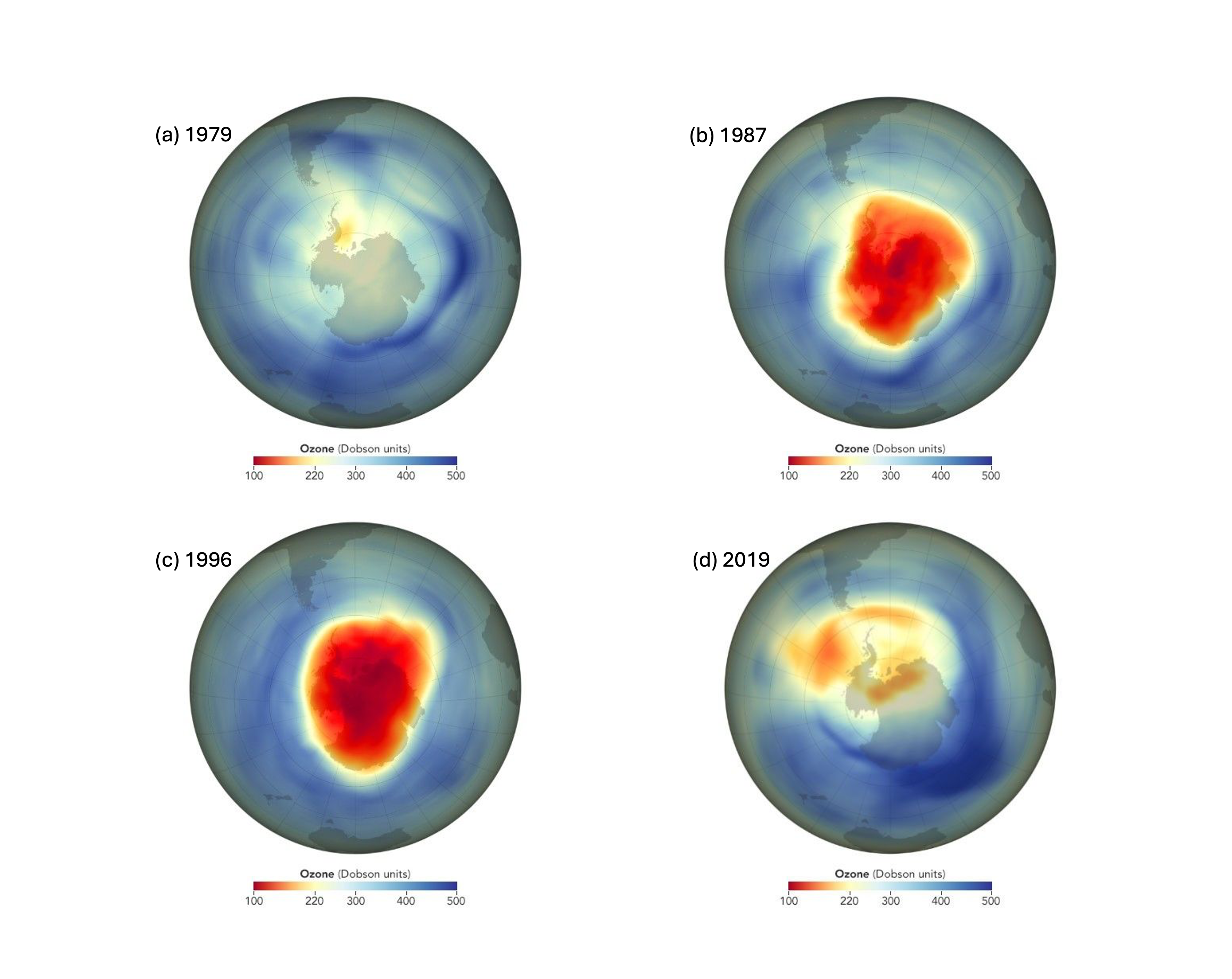NASA satellite composite showing the Antarctic ozone hole in 1979 versus 2019